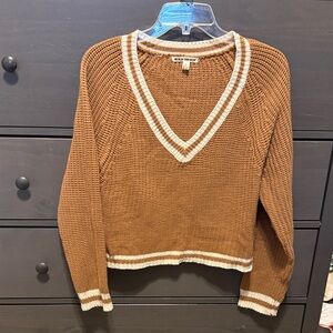 Blu Pepper Women's Tan V-Neck Sweater with Cream Trim